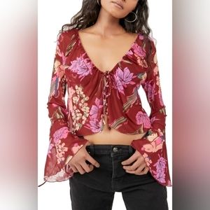 NWT Free People Of Paradise Floral Bell Sleeve Blouse Size Small